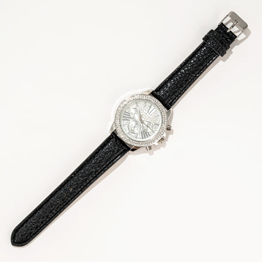 Black & Silvertone Watch With Crystals