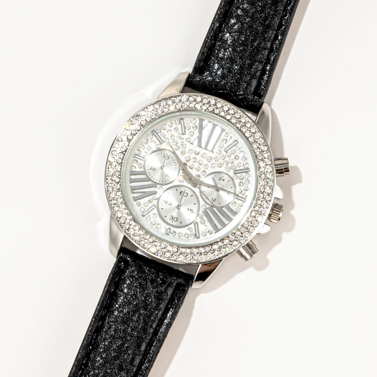 Black & Silvertone Watch With Crystals