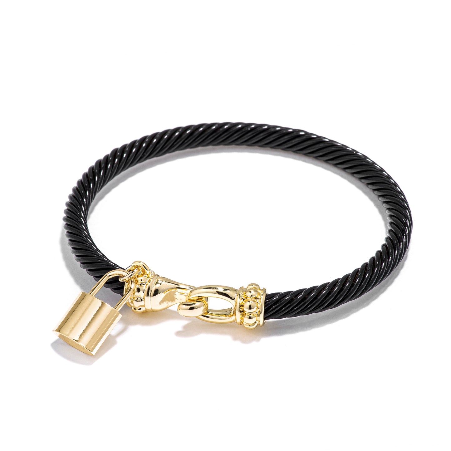18k Gold Plated Black Enamel Lock Charm Bangle