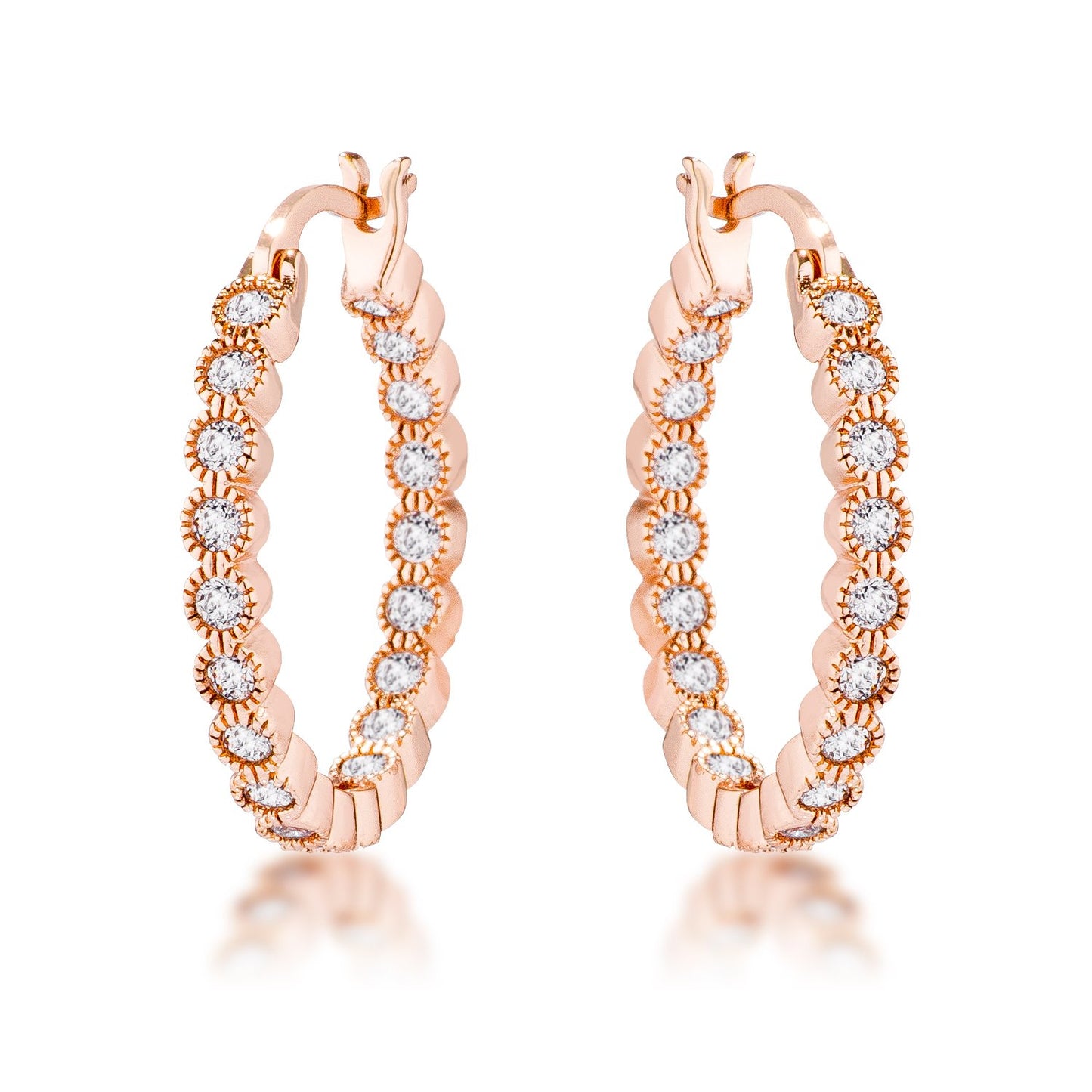 Rose Gold Plated Dotted Clear CZ Round Bezel Hoop Earrings