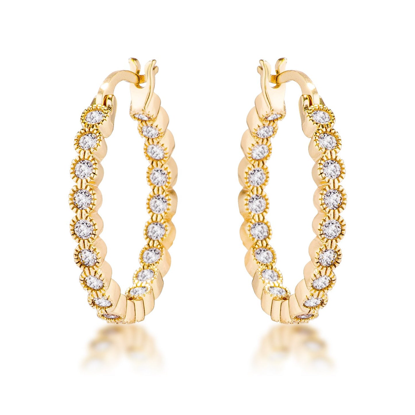 Gold Plated Dotted Clear CZ Round Bezel Hoop Earrings