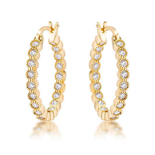 Gold Plated Dotted Clear CZ Round Bezel Hoop Earrings