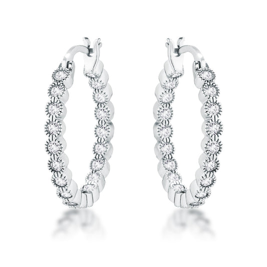 Rhodium Plated Dotted Clear CZ Round Bezel Hoop Earrings