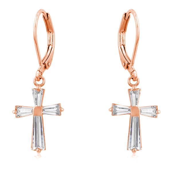 Rose Gold Plated CZ Cross Drop Earrings