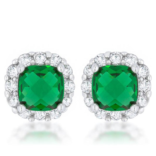 Liz 2ct Emerald CZ Rhodium Classic Cushion Stud Earrings
