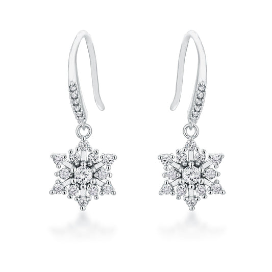 Contemporary Rhodium Plated CZ Snowflake Drop Earrings
