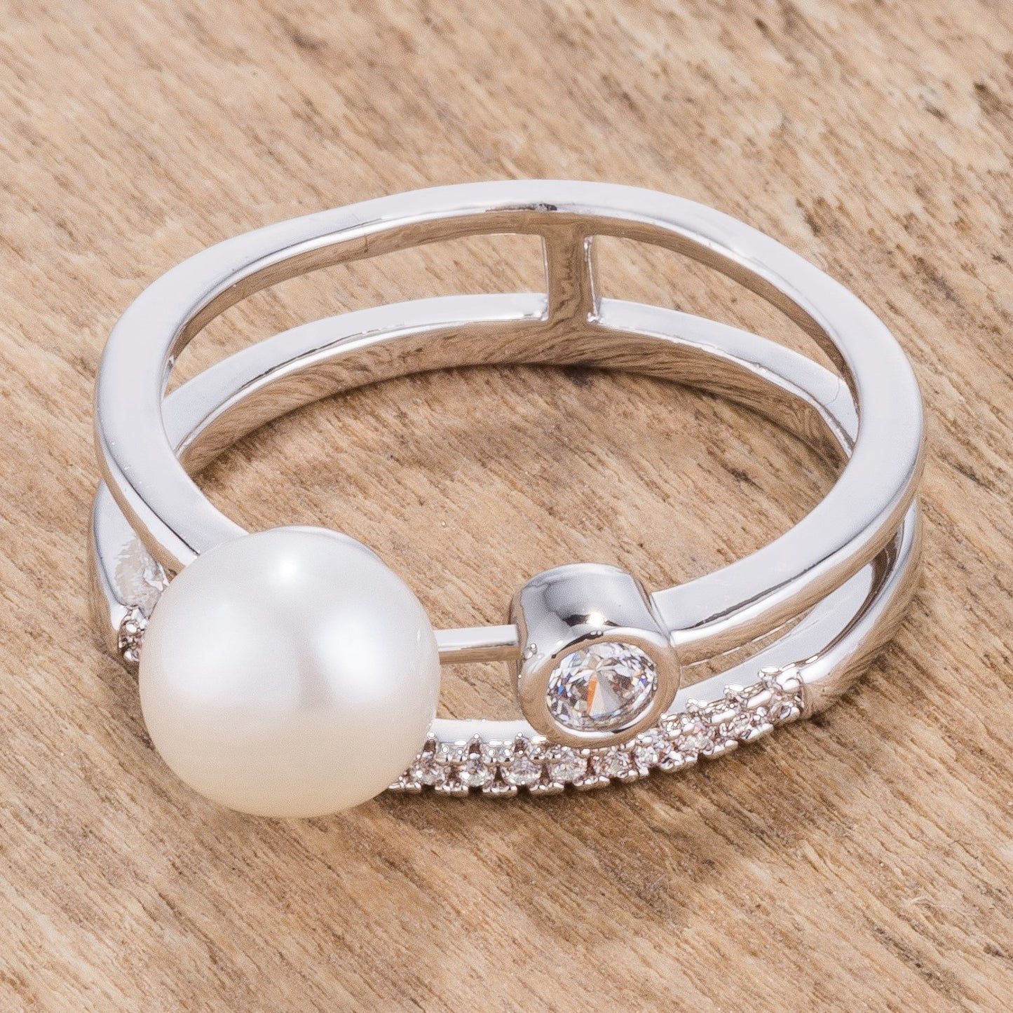 .15Ct Rhodium Plated CZ and Freshwater Pearl Contemporary Double Band Ring