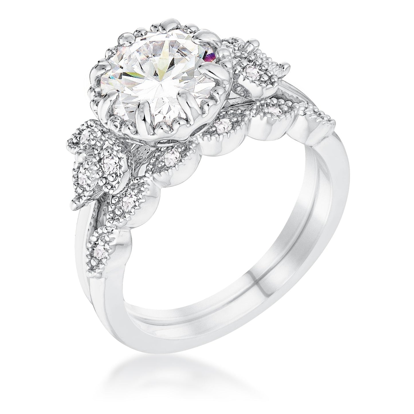 2.25Ct. Rhodium Plated Trio Laurel Leaf Engagement Set
