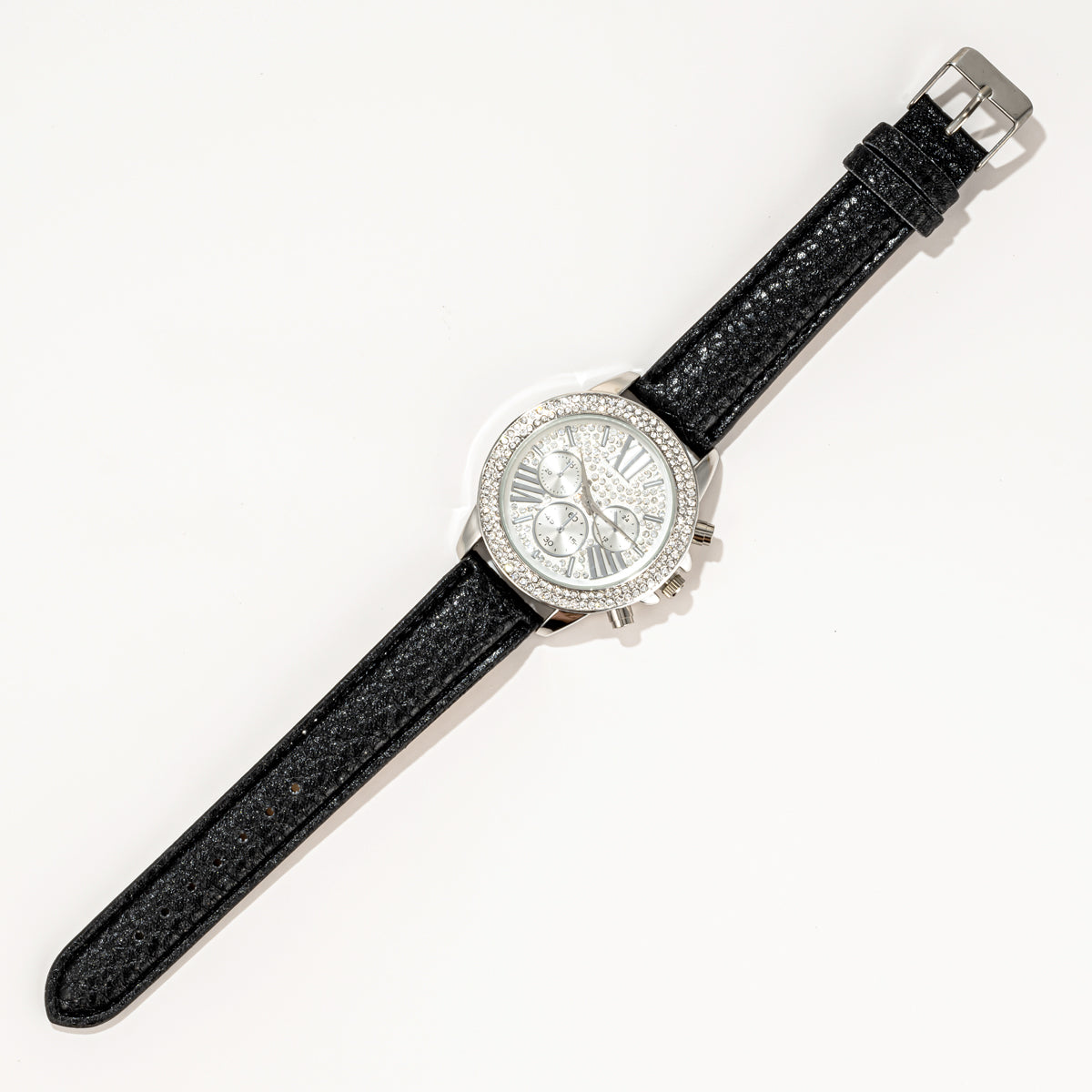 Black & Silvertone Watch With Crystals