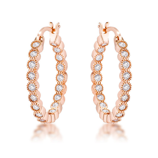 Rose Gold Plated Dotted Clear CZ Round Bezel Hoop Earrings