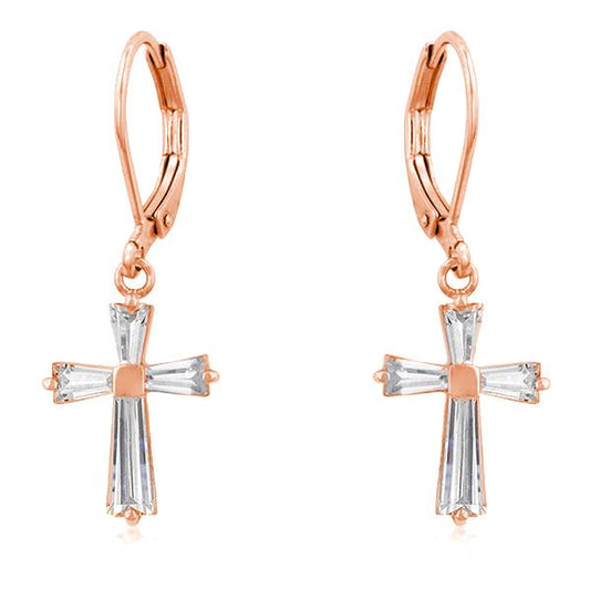 Rose Gold Plated CZ Cross Drop Earrings