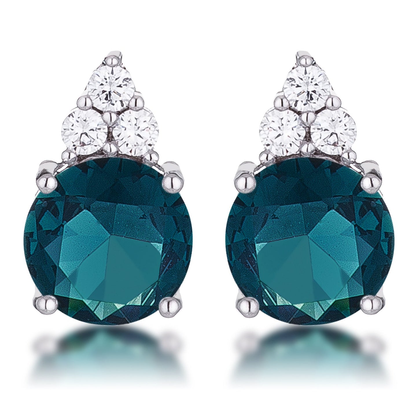 Simple Rhodium Plated 9mm Blue Green CZ Stud Earring