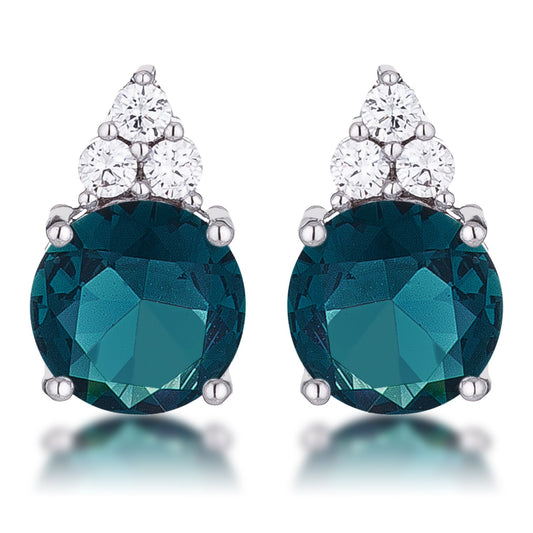 Simple Rhodium Plated 9mm Blue Green CZ Stud Earring