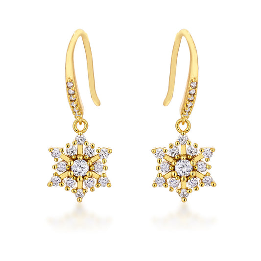 Dainty Gold Plated CZ Snowflake Drop Earrings