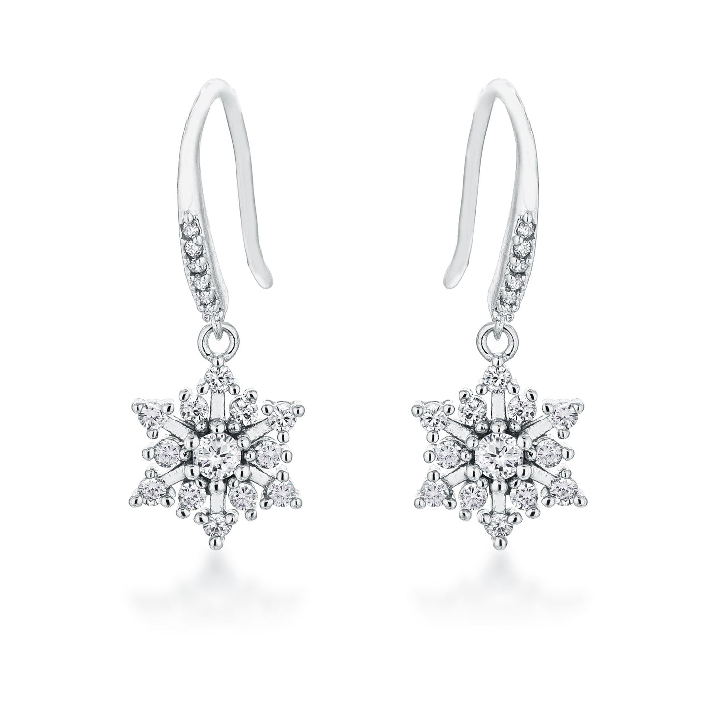 Contemporary Rhodium Plated CZ Snowflake Drop Earrings