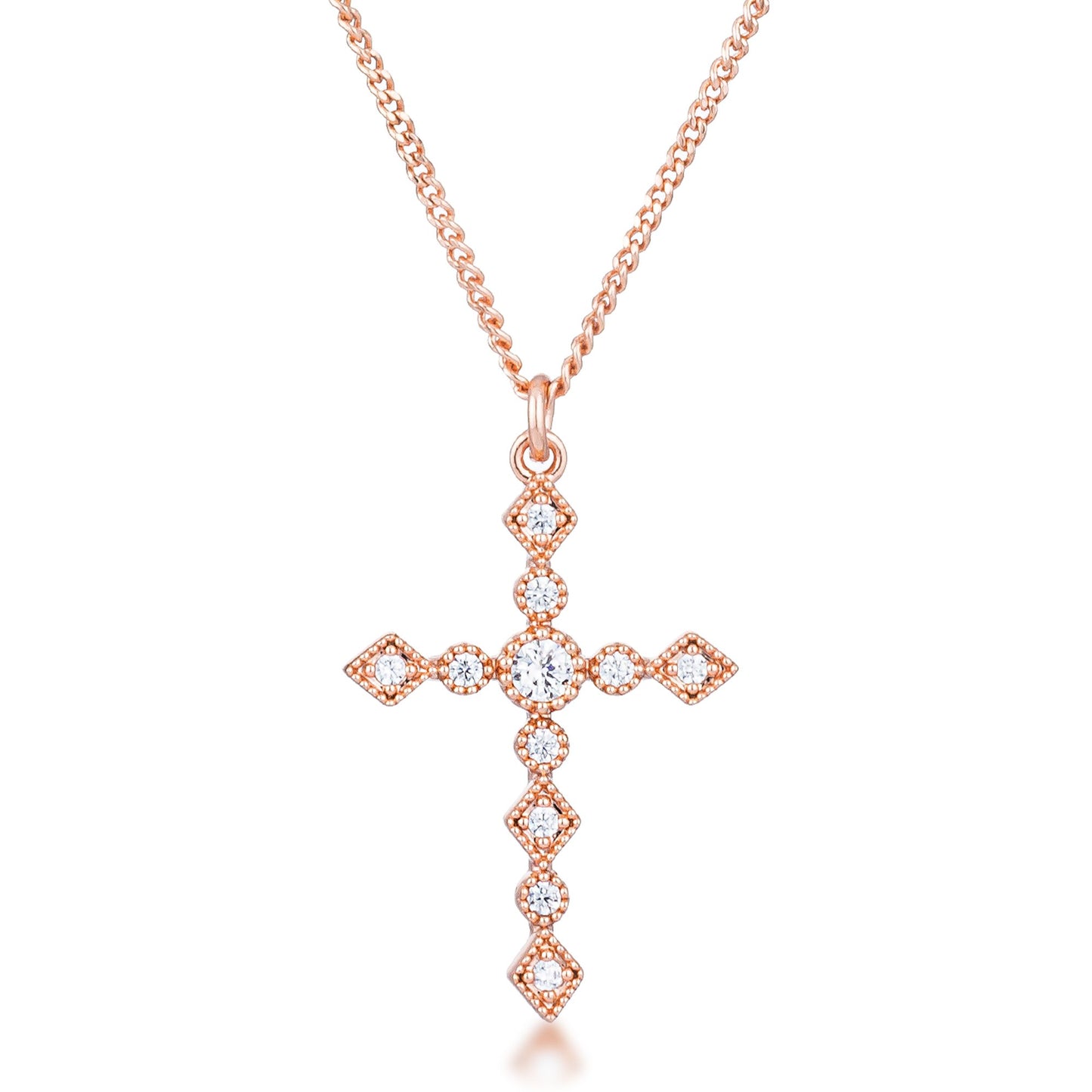 Dainty Art Deco Rose Gold Plated Clear CZ Cross Pendant