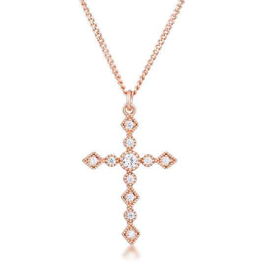 Dainty Art Deco Rose Gold Plated Clear CZ Cross Pendant