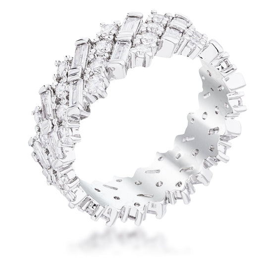 Rhodium Plated Clear CZ Alternating Baguette Round Eternity Band