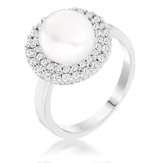 Rhodium Plated double Halo Ethereal Pearl Cocktail Ring